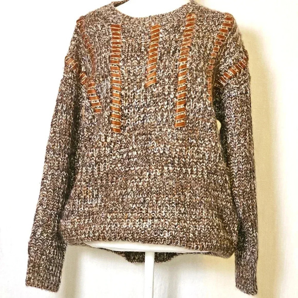 VTG GeeGee Cable Knit Sweater Sz Lg Suede Textured Design Inserts Brown,Black - Picture 1 of 12
